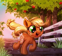 Size: 1200x1094 | Tagged: safe, artist:harwick, derpibooru import, applejack, earth pony, pony, the cutie mark chronicles, 2018, applejack day, cute, cutie mark, cutiespark, female, filly, filly applejack, freckles, happy, jackabetes, open mouth, scene interpretation, smiling, solo, tree, trotting, younger