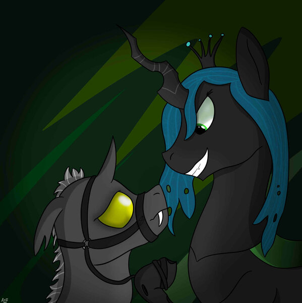 Size: 1024x1025 | Tagged: suggestive, artist:atomfliege, derpibooru import, queen chrysalis, oc, oc:warplix, changeling, bondage, bridle, male, reins, tack, yellow changeling