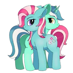 Size: 1280x1280 | Tagged: safe, artist:negasun, derpibooru import, lyra heartstrings, minty, earth pony, pony, unicorn, 35th anniversary, duo, female, g3, g3 to g4, generation leap, mare, simple background, transparent background