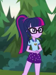 Size: 471x630 | Tagged: safe, derpibooru import, screencap, sci-twi, twilight sparkle, equestria girls, legend of everfree, camp everfree outfits, cropped, female, ponytail, smiling, solo