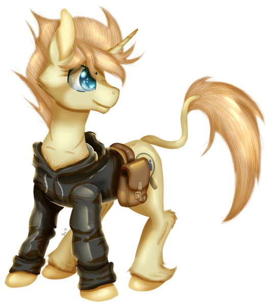 Size: 1400x1582 | Tagged: safe, artist:sintakhra, derpibooru import, oc, oc:strong copper, unofficial characters only, pony, unicorn, bag, clothes, fluffy, hoodie, leonine tail, male, raffle prize, request, requested art, saddle bag, simple background, solo, stallion, transparent background, unshorn fetlocks