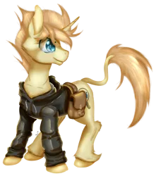 Size: 1400x1582 | Tagged: safe, artist:sintakhra, derpibooru import, oc, oc:strong copper, unofficial characters only, pony, unicorn, bag, clothes, fluffy, hoodie, leonine tail, male, raffle prize, request, requested art, saddle bag, simple background, solo, stallion, transparent background, unshorn fetlocks