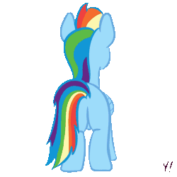 Size: 500x500 | Tagged: safe, artist:an-m, artist:artiks, artist:dsp2003, artist:exxie, artist:pabbley, artist:threetwotwo32232, artist:toisanemoif, artist:yakoshi, derpibooru import, rainbow dash, pegasus, pony, 8 angles of pony collaboration, animated, behind, blushing, chest fluff, collaboration, female, gif, looking at you, mare, rotating, simple background, smiling, solo, transparent background, wingless