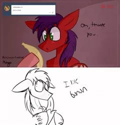 Size: 1229x1280 | Tagged: artist:msdrago, ask, banana, bananajob, blushing, comic, derpibooru import, food, implied blowjob, implied oral, implied sex, male, oc, oc:crimson cardinal, solo, suggestive, suggestive eating, tumblr, unofficial characters only
