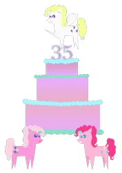 Size: 794x1123 | Tagged: safe, artist:pwnypony db, derpibooru import, pinkie pie, pinkie pie (g3), surprise, earth pony, pegasus, pony, my little pony 'n friends, my little pony tales, .svg available, 35th anniversary, cake, cutie mark, female, food, g1, g1 to g4, g3, g3 to g4, g4, generation leap, generational ponidox, mare, pointy ponies, simple background, svg, transparent background, vector