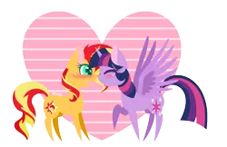 Size: 1128x731 | Tagged: safe, artist:miiv12, derpibooru import, sunset shimmer, twilight sparkle, twilight sparkle (alicorn), alicorn, blushing, blushing profusely, boop, cute, eyes closed, female, heart, lesbian, noseboop, nuzzling, shimmerbetes, shipping, simple background, sunsetsparkle, transparent background, twiabetes