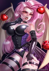 Size: 824x1200 | Tagged: suggestive, artist:racoonsan, derpibooru import, fluttershy, bat pony, human, vampire, adoracreepy, adorasexy, apple, bat ponified, big breasts, black underwear, breasts, busty fluttershy, clothes, corset, creepy, cute, female, fingerless gloves, flutterbat, food, fruit, gloves, halloween, holiday, humanized, latex, leather, lingerie, open mouth, panties, race swap, ribbon, sexy, solo, solo female, underwear, winged humanization, wings