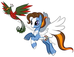 Size: 1459x1125 | Tagged: safe, artist:conphettey, derpibooru import, oc, oc:desidiria, oc:qali, unofficial characters only, pegasus, phoenix, pony, duo, female, mare, obtrusive watermark, pet, pet oc, piebald coloring, simple background, transparent background, watermark