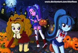 Size: 1288x877 | Tagged: safe, artist:charliexe, derpibooru import, adagio dazzle, aria blaze, sonata dusk, equestria girls, adoragio, ariabetes, breasts, busty adagio dazzle, candy, cleavage, clothes, costume, crossover, cute, devil, female, food, halloween, halloween costume, holiday, jack-o-lantern, juliet starling, lollipop, lollipop chainsaw, looking at you, night, pigtails, ponytail, pumpkin, pumpkin bucket, reaching out, sailor moon, satan, shoes, sneakers, sonatabetes, stupid sexy adagio dazzle, the dazzlings, town, trick or treat, twintails