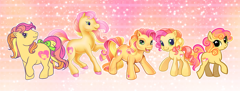 Size: 1675x638 | Tagged: safe, artist:conphettey, derpibooru import, oc, oc:ragamuffin, unofficial characters only, earth pony, pony, female, g1, g2, g3, g3.5, g4, generational ponidox, mare, multeity, not fluttershy, simple background, solo, style emulation