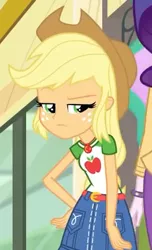 Size: 262x430 | Tagged: safe, derpibooru import, screencap, applejack, princess celestia, rarity, best trends forever, equestria girls, equestria girls series, applejack is not amused, applejack's hat, belt, best trends forever: pinkie pie, clothes, cowboy hat, cropped, denim skirt, female, freckles, geode of super strength, hat, magical geodes, offscreen character, principal celestia, skirt, solo focus, stetson, unamused