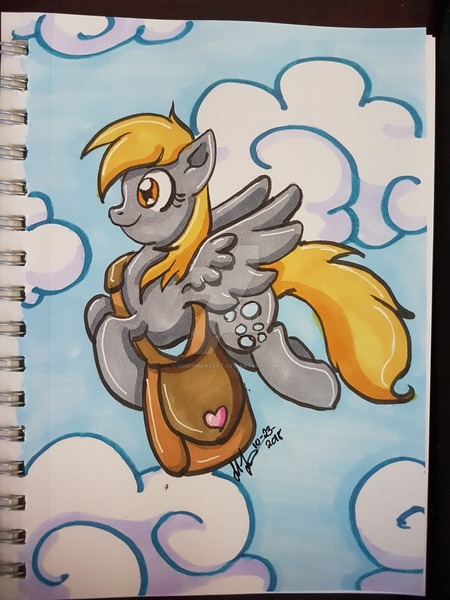 Size: 1024x1365 | Tagged: safe, artist:yoshimarsart, derpibooru import, derpy hooves, pegasus, pony, deviantart watermark, female, flying, inktober, mailbag, mare, obtrusive watermark, sky, solo, traditional art, watermark