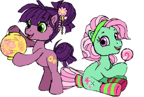 Size: 500x337 | Tagged: safe, artist:conphettey, derpibooru import, kimono, minty, pony, candy, clothes, duo, female, filly, food, g3, g3 to g3.5, g3.5, generation leap, lantern, lollipop, paper lantern, socks, striped socks