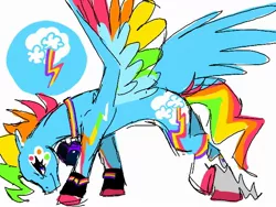 Size: 640x480 | Tagged: safe, artist:conphettey, derpibooru import, rainbow dash, pegasus, pony, leak, spoiler:g5, colored hooves, colored wings, female, g5, head down, mare, multicolored wings, rainbow dash (g5), rainbow wings, redesign, simple background, solo, white background, wings