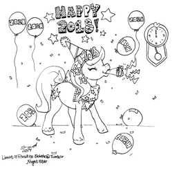 Size: 1280x1287 | Tagged: safe, artist:conphettey, derpibooru import, night star, pony, g2, lineart, monochrome, new year, solo