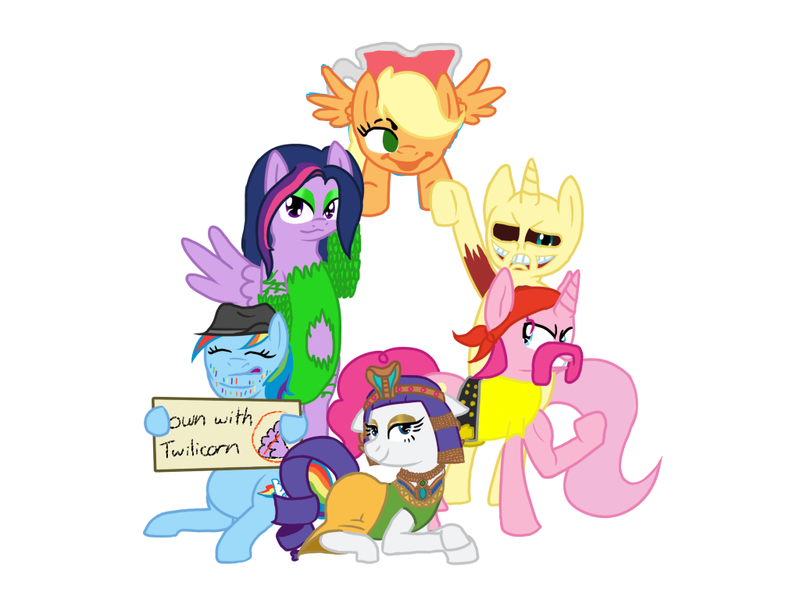 Size: 1024x768 | Tagged: alicorn, applejack, artist:aaron amethyst, carnage, cleopatra, clothes, costume, derpibooru import, fluttershy, halloween, halloween costume, holiday, hulk hogan, kool-aid man, mane six, neckbeard, pinkie pie, poison ivy, race swap, rainbow dash, rarity, safe, twilight sparkle, twilight sparkle (alicorn)