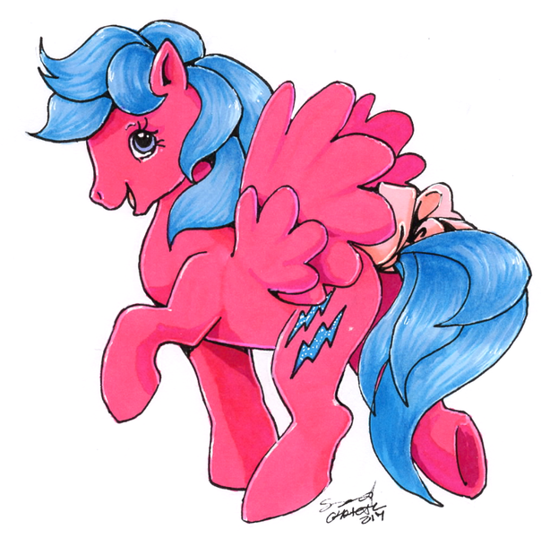 Size: 828x822 | Tagged: safe, artist:conphettey, derpibooru import, firefly, pegasus, pony, bow, color porn, female, g1, kidcore, mare, raised hoof, simple background, solo, tail bow, traditional art, white background