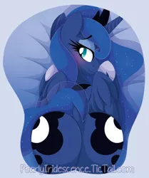 Size: 1139x1362 | Tagged: suggestive, artist:pearlyiridescence, derpibooru import, princess luna, alicorn, pony, bed, bedroom eyes, blushing, butt, crown, curvy, dock, female, jewelry, looking at you, looking back, looking back at you, mare, moonbutt, mousepad, mousepad for the fearless, oppai mousepad, peytral, plot, praise the moon, regalia, sexy, smiling, solo, solo female, the ass was fat, thicc ass, wingding eyes, wings
