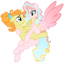 Size: 990x997 | Tagged: safe, artist:gr0ttie, derpibooru import, princess flurry heart, pumpkin cake, alicorn, pony, unicorn, alternate design, eye contact, female, holding a pony, lesbian, looking at each other, older, profile, pumpkin heart, shipping, simple background, smiling, spread wings, story included, transparent background, wings