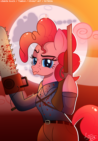 Size: 900x1300 | Tagged: semi-grimdark, artist:lennonblack, derpibooru import, pinkie pie, earth pony, pony, blood, boomstick, chainsaw, clothes, crossover, evil dead, female, gun, mare, shotgun, solo, weapon