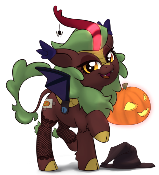 Size: 1671x1842 | Tagged: alternate version, artist:lockhe4rt, background kirin, cinder glow, cloven hooves, cute, derpibooru import, fake cutie mark, fake wings, fangs, female, fishnets, halloween, hat, holiday, jack-o-lantern, kirin, kirinbetes, looking at you, open mouth, pumpkin, raised hoof, safe, simple background, smiling, solo, sounds of silence, spider, summer flare, transparent background, witch hat