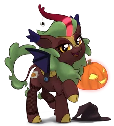 Size: 1671x1842 | Tagged: alternate version, artist:lockhe4rt, background kirin, cinder glow, cloven hooves, cute, derpibooru import, fake cutie mark, fake wings, fangs, female, fishnets, halloween, hat, holiday, jack-o-lantern, kirin, kirinbetes, looking at you, open mouth, pumpkin, raised hoof, safe, simple background, smiling, solo, sounds of silence, spider, summer flare, transparent background, witch hat