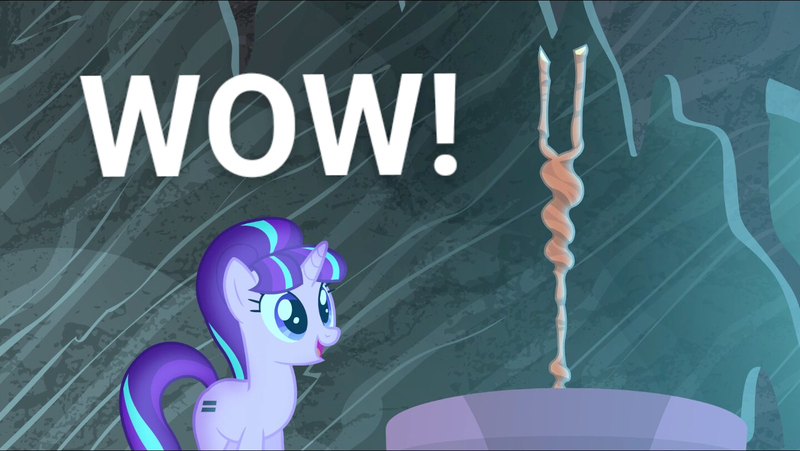 Size: 1440x812 | Tagged: derpibooru import, edit, edited screencap, equal cutie mark, meme, s5 starlight, safe, screencap, solo, staff, staff of sameness, starlight glimmer, the cutie re-mark, wow! glimmer