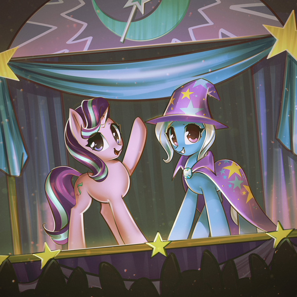 Size: 3520x3520 | Tagged: safe, artist:mirroredsea, derpibooru import, starlight glimmer, trixie, pony, unicorn, cute, diatrixes, duo, duo female, female, glimmerbetes, magic show, mare, smiling, stage