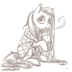 Size: 2000x2000 | Tagged: safe, artist:kovoranu, derpibooru import, fluttershy, pegasus, pony, blanket, chocolate, female, food, hoof hold, hot chocolate, looking at you, looking sideways, mare, monochrome, mug, simple background, sitting, solo, three quarter view, wet, wet mane, white background