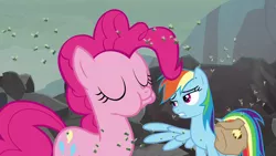 Size: 1280x720 | Tagged: safe, derpibooru import, screencap, pinkie pie, rainbow dash, earth pony, fly, fly-der, hybrid, insect, pegasus, pony, spider, school raze, bag, chewing, cutie mark, duo, eating, eyes closed, female, gritted teeth, mare, saddle bag, spread wings, teeth, wings