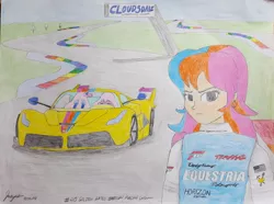 Size: 1788x1330 | Tagged: safe, artist:forzaveteranenigma, derpibooru import, oc, oc:golden gates, unofficial characters only, fanfic:equestria motorsports, equestria girls, babscon, babscon mascots, car, cloudsdale, cloudsdale international raceway, ferrari, ferrari fxx k, hypercar, laferrari, laferrari fxx-k, solo, supercar, traditional art