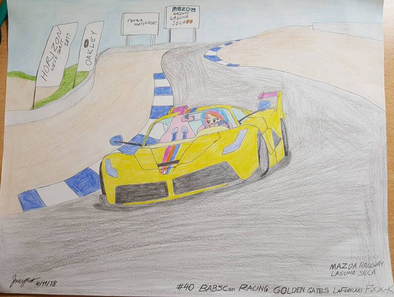 Size: 1763x1330 | Tagged: safe, artist:forzaveteranenigma, derpibooru import, oc, oc:golden gates, unofficial characters only, fanfic:equestria motorsports, equestria girls, babscon, babscon mascots, car, ferrari, ferrari fxx k, hypercar, laferrari, laferrari fxx-k, mazda raceway laguna seca, solo, supercar, traditional art, weathertech raceway laguna seca