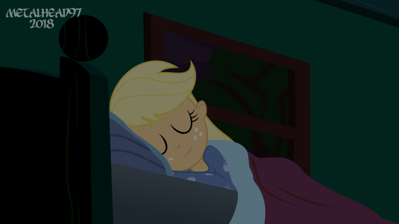 Size: 3999x2249 | Tagged: safe, artist:metalhead97, derpibooru import, applejack, comic:applejack gets anal probed, equestria girls, clothes, eyes closed, footed sleeper, night, pajamas, show accurate, sleeping