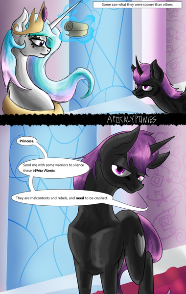 Size: 811x1280 | Tagged: safe, artist:masterofintrigue, derpibooru import, princess celestia, oc, oc:silver shield, comic:apocalyponies, comic