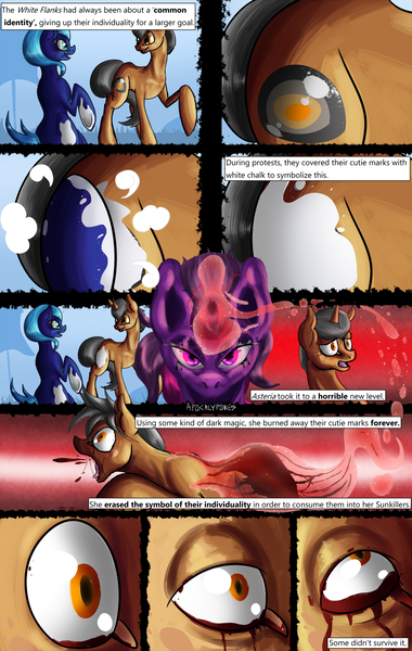 Size: 811x1280 | Tagged: grimdark, artist:masterofintrigue, derpibooru import, oc, oc:asteria, unofficial characters only, comic:apocalyponies, blood, comic, cutie mark removal, death