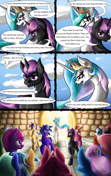 Size: 811x1280 | Tagged: artist:masterofintrigue, comic, comic:apocalyponies, derpibooru import, oc, oc:silver shield, princess celestia, rebellion, safe