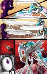 Size: 811x1280 | Tagged: artist:masterofintrigue, betrayal, blood, comic, comic:apocalyponies, derpibooru import, oc, oc:asteria, offscreen character, princess celestia, rebellion, semi-grimdark, spear, stabbing, weapon