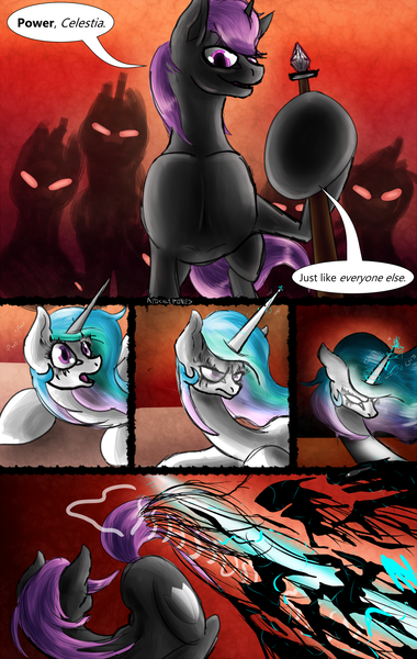 Size: 811x1280 | Tagged: semi-grimdark, artist:masterofintrigue, derpibooru import, princess celestia, oc, oc:asteria, oc:silver shield, pony, unicorn, comic:apocalyponies, angry, attempted murder, betrayal, blood, comic, dodge, female, mare, rebellion