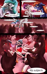 Size: 811x1280 | Tagged: artist:masterofintrigue, blood, comic, comic:apocalyponies, derpibooru import, imminent murder, injured, oc, princess celestia, rebellion, semi-grimdark