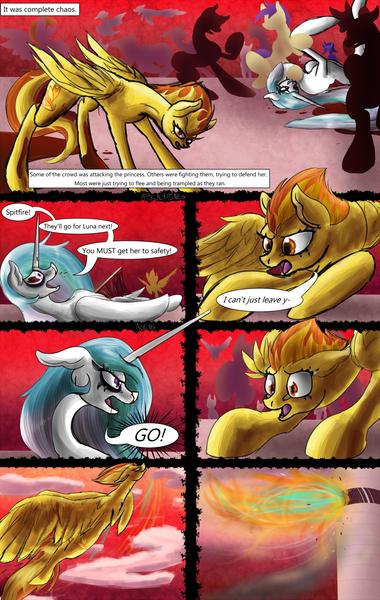 Size: 811x1280 | Tagged: artist:masterofintrigue, blood, comic, comic:apocalyponies, derpibooru import, injured, oc, princess celestia, rebellion, semi-grimdark, spitfire, teary eyes