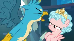 Size: 1280x720 | Tagged: safe, derpibooru import, screencap, cozy glow, gallus, gryphon, pegasus, pony, school raze, angry, chest fluff, cozy glow is not amused, crown, eyes closed, female, filly, foal, jewelry, male, regalia, spread wings, wings, yelling