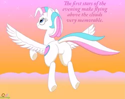 Size: 1095x872 | Tagged: safe, artist:oddymcstrange, derpibooru import, star catcher, pony, butt, cloud, dialogue, female, flying, g3, g3 to g4, generation leap, mare, plot, smiling, solo, spread wings, stars, sunset, underhoof, wings