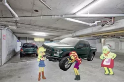 Size: 1079x718 | Tagged: safe, artist:forzaveteranenigma, derpibooru import, edit, applejack, granny smith, sunset shimmer, driving miss shimmer, equestria girls, equestria girls series, 1000 years in photoshop, apple-jack, car, driving miss shimmer: applejack, fix, ford, ford f-150, ford f-150 raptor, garage, irl, parking garage, photo, ratchet wrench, why