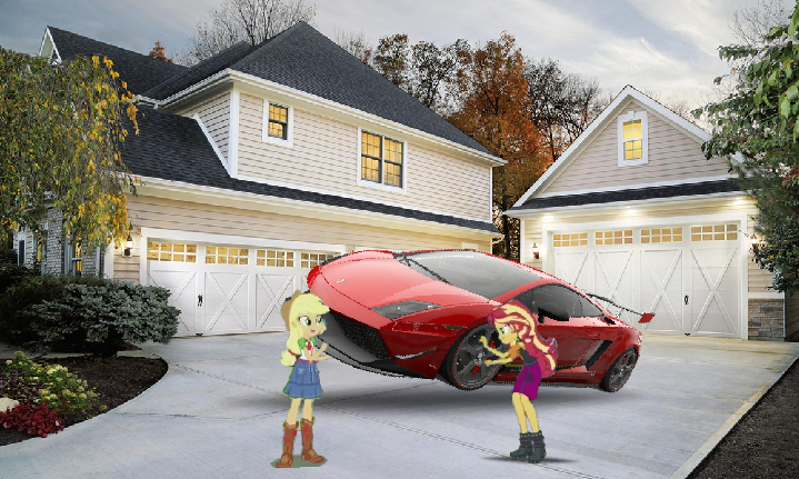 Size: 719x431 | Tagged: safe, artist:forzaveteranenigma, derpibooru import, applejack, sunset shimmer, driving miss shimmer, equestria girls, equestria girls series, apple-jack, car, driveway, driving miss shimmer: applejack, fix, house, irl, lamborghini, lamborghini gallardo, lamborghini gallardo lp570-4 superlaggera, lifting, photo, photoshop, ratchet wrench