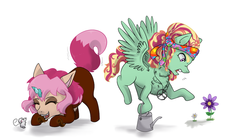 Size: 963x580 | Tagged: artist:gamblingfoxinahat, bushy brows, derpibooru import, flower, hippie, hybrid, interspecies offspring, mouse, oc, oc:gentle embrace, oc:levity, offspring, parent:discord, parent:fluttershy, parents:discoshy, parents:zephyrhugger, parent:tree hugger, parent:zephyr breeze, safe, thick eyebrows, yelling