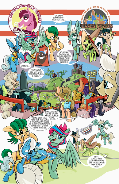 Size: 6600x10200 | Tagged: safe, artist:lytlethelemur, derpibooru import, big daddy mccolt, ma hooffield, oc, oc:champion, oc:gimbal lock, oc:nutmeg, buffalo, earth pony, pegasus, pony, unicorn, comic:ponies in the outfield, absurd resolution, buckball, bucket, clothes, comic, female, hooffield family, inbred, mare, mccolt family, tanktop, washington redskins