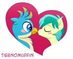 Size: 1723x1401 | Tagged: safe, artist:ryuyo, derpibooru import, gallus, sandbar, earth pony, gryphon, pony, blushing, eyes closed, gallbar, gay, heart, interspecies, kissing, male, movie accurate, shipping, simple background, teenager, white background