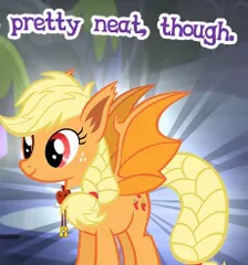Size: 230x246 | Tagged: safe, derpibooru import, applejack, bat pony, pony, night of the living apples, spoiler:comic, spoiler:comic33, applebat, bat ponified, braided tail, cropped, female, gameloft, halloween, holiday, mare, meme, neat, race swap, solo, spread wings, wings, wow! glimmer