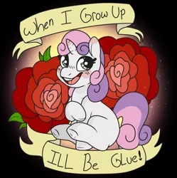 Size: 1273x1280 | Tagged: safe, artist:sexygoatgod, derpibooru import, sweetie belle, pony, unicorn, blushing, dark comedy, female, glue, grimcute, grimderp, implied death, solo, we are going to hell
