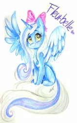 Size: 1456x2300 | Tagged: safe, artist:maryus3908, derpibooru import, oc, oc:fleurbelle, unofficial characters only, alicorn, pony, alicorn oc, bow, commission, hair bow, heart, heart eyes, horn, looking up, sitting, smiling, solo, spread wings, traditional art, wingding eyes, wings